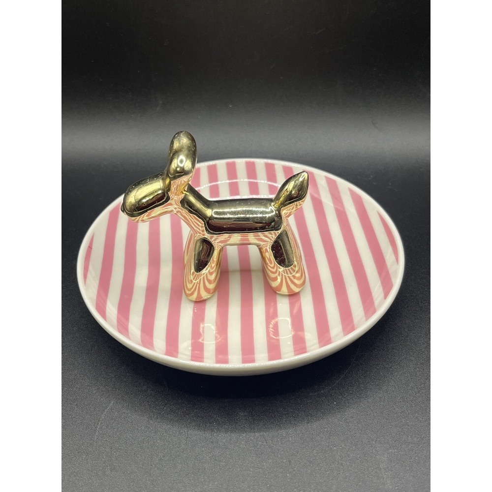 Pink & White Trinket Dish w/ Gold Balloon Dog Jewelry Holder Decorative Decor